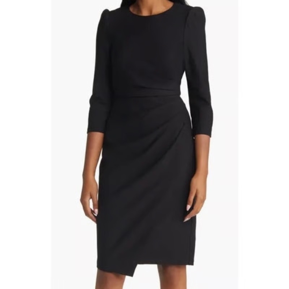 NWT Eliza J 3/4 Sleeve Pleated Dress Size 16 Black Assymetrical Hem Puff Sleeve